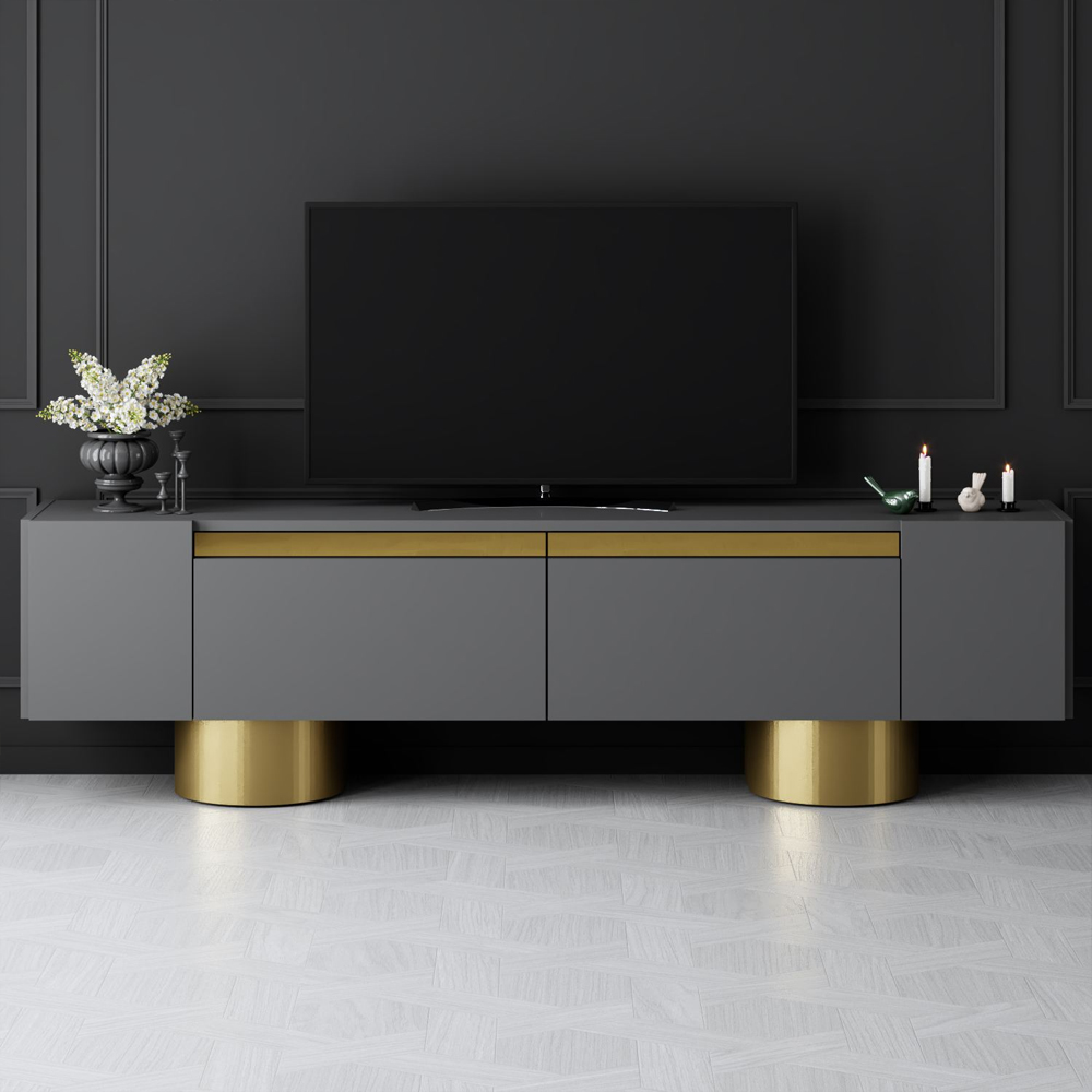 Boheme Wooden TV Stand With 2 Flap Doors In Anthracite And Gold