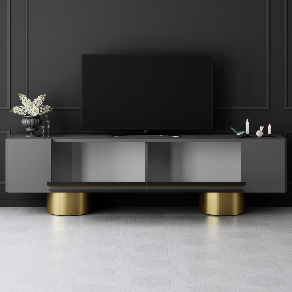 Boheme Wooden TV Stand With 2 Flap Doors In Anthracite And Gold