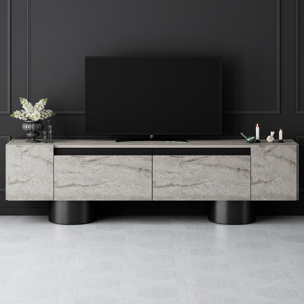 Boheme Wooden TV Stand With 2 Flap Doors In Travertine Marble Effect And Black