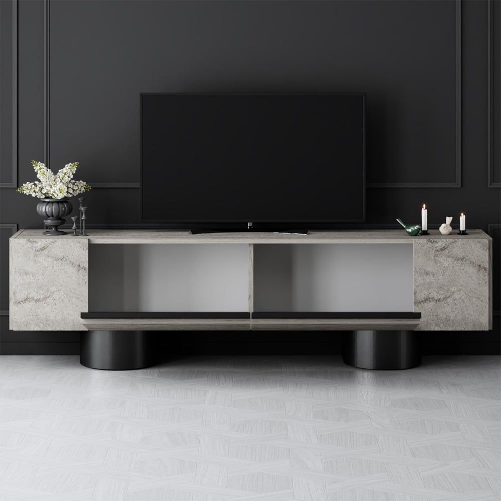 Boheme Wooden TV Stand With 2 Flap Doors In Travertine Marble Effect And Black