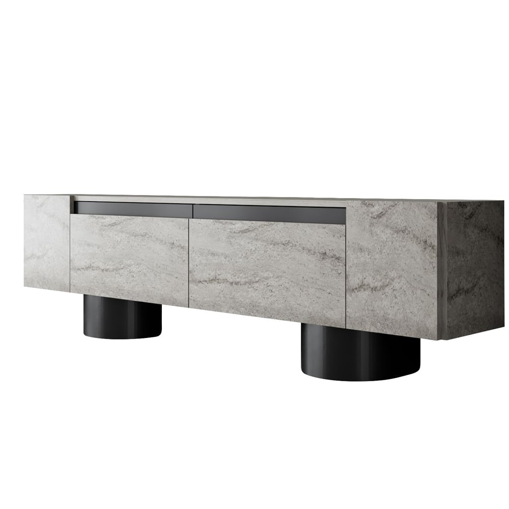Boheme Wooden TV Stand With 2 Flap Doors In Travertine Marble Effect And Black