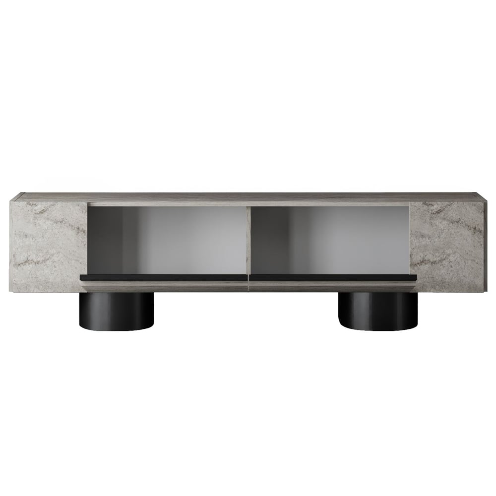 Boheme Wooden TV Stand With 2 Flap Doors In Travertine Marble Effect And Black