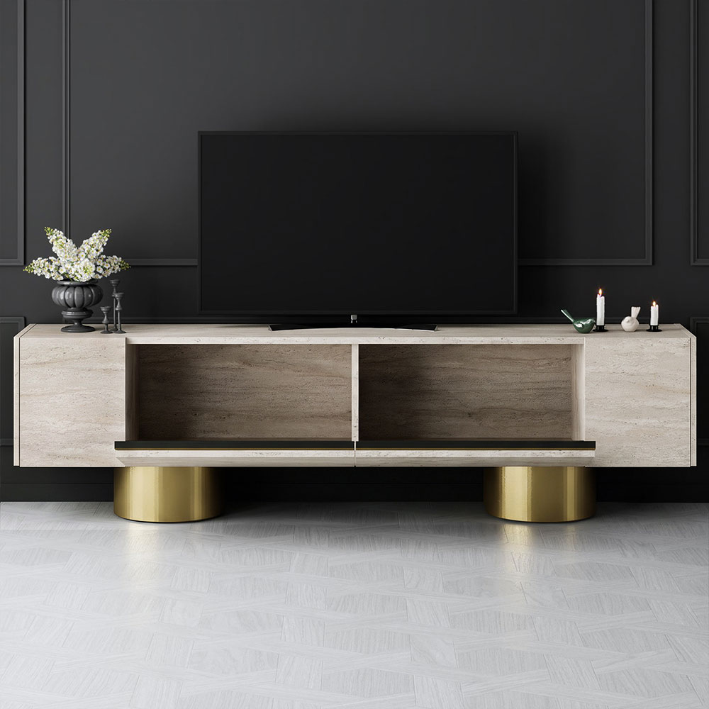 Boheme Wooden TV Stand With 2 Flap Doors In Travertine Marble Effect And Gold