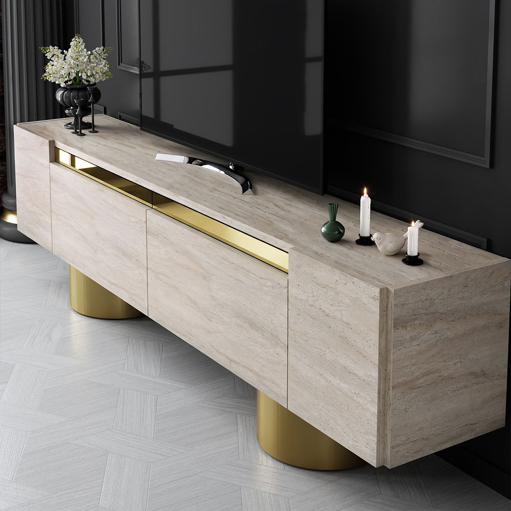 Boheme Wooden TV Stand With 2 Flap Doors In Travertine Marble Effect And Gold