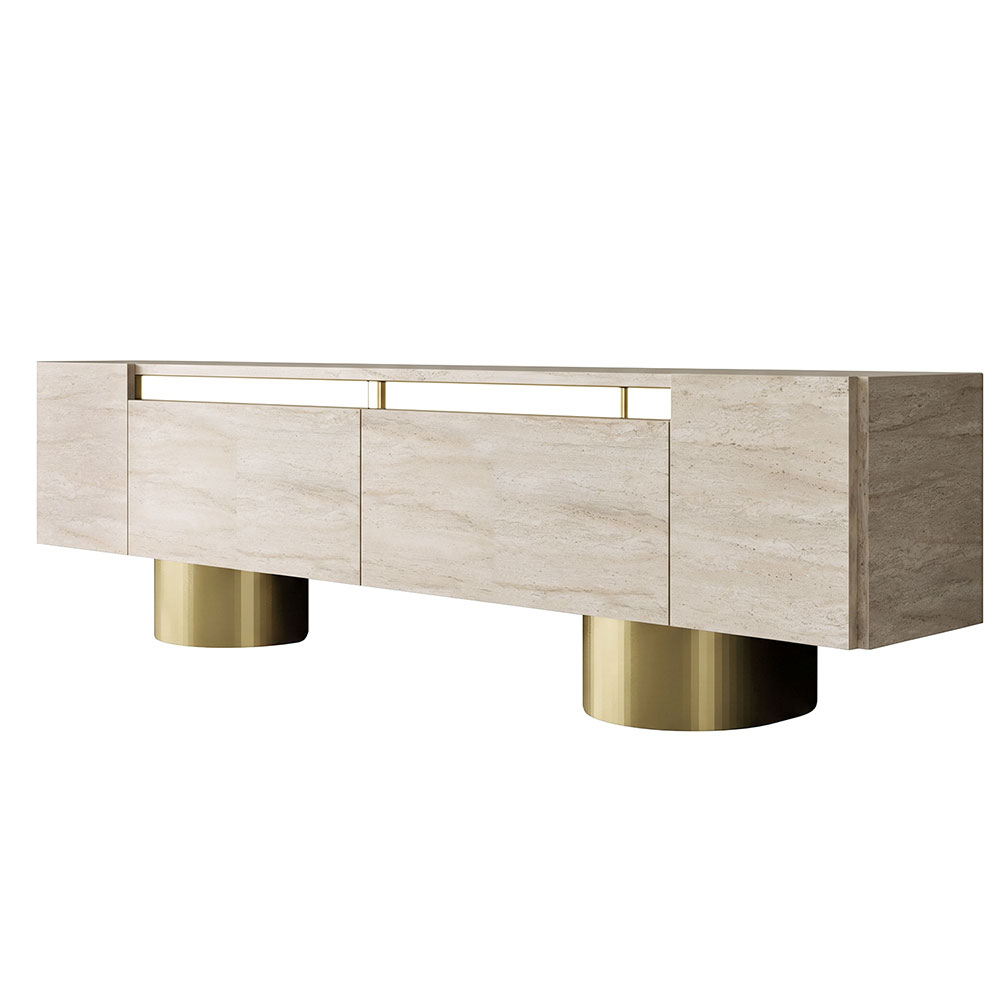 Boheme Wooden TV Stand With 2 Flap Doors In Travertine Marble Effect And Gold