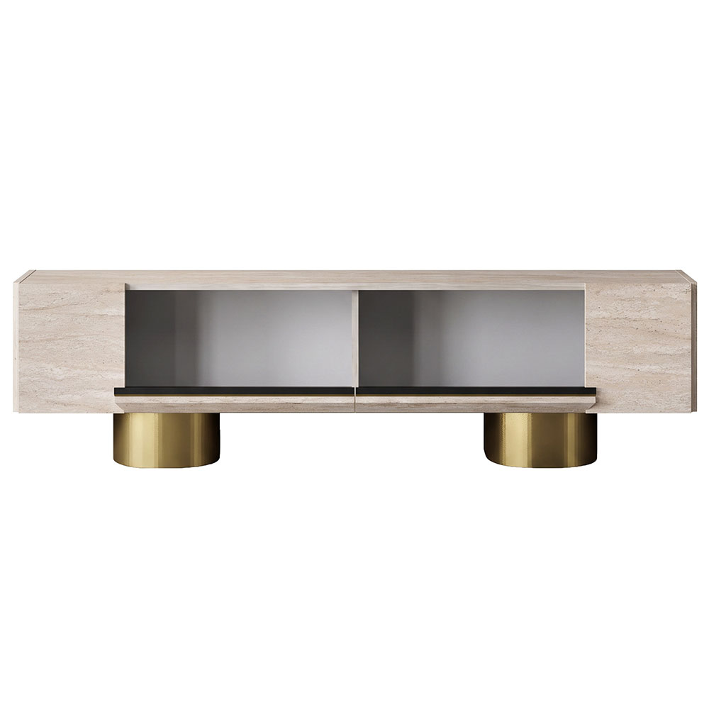 Boheme Wooden TV Stand With 2 Flap Doors In Travertine Marble Effect And Gold
