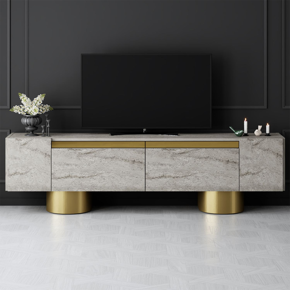 Boheme Wooden TV Stand With 2 Flap Doors In Travertine Marble Effect And Gold