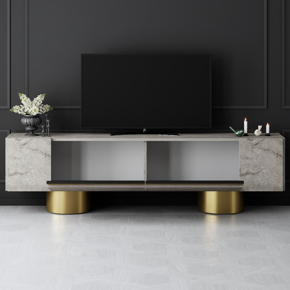 Boheme Wooden TV Stand With 2 Flap Doors In Travertine Marble Effect And Gold