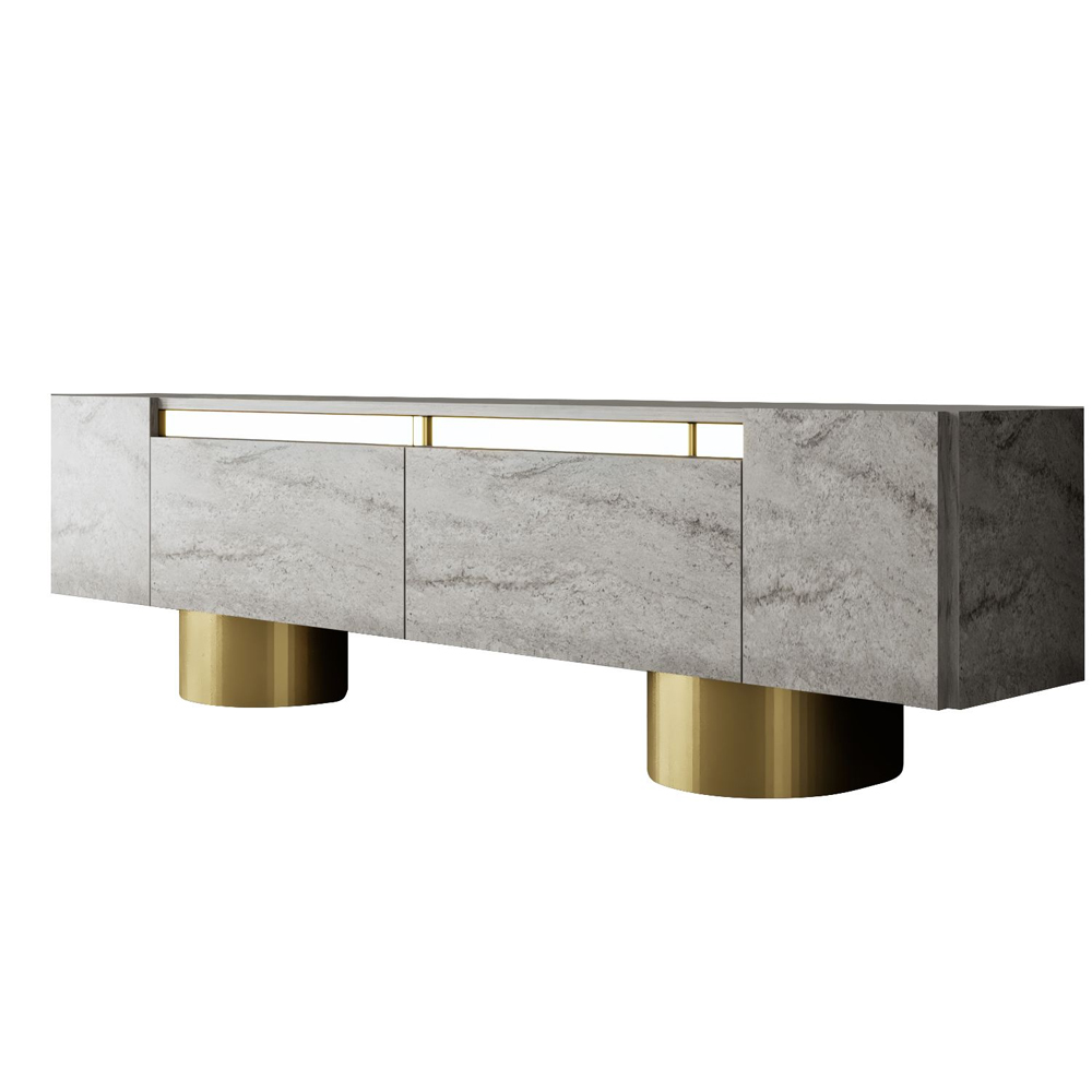 Boheme Wooden TV Stand With 2 Flap Doors In Travertine Marble Effect And Gold
