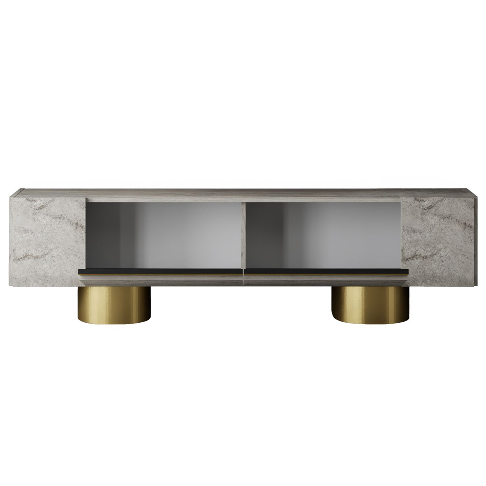 Boheme Wooden TV Stand With 2 Flap Doors In Travertine Marble Effect And Gold