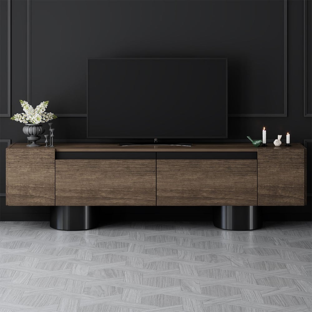 Boheme Wooden TV Stand With 2 Flap Doors In Walnut And Black