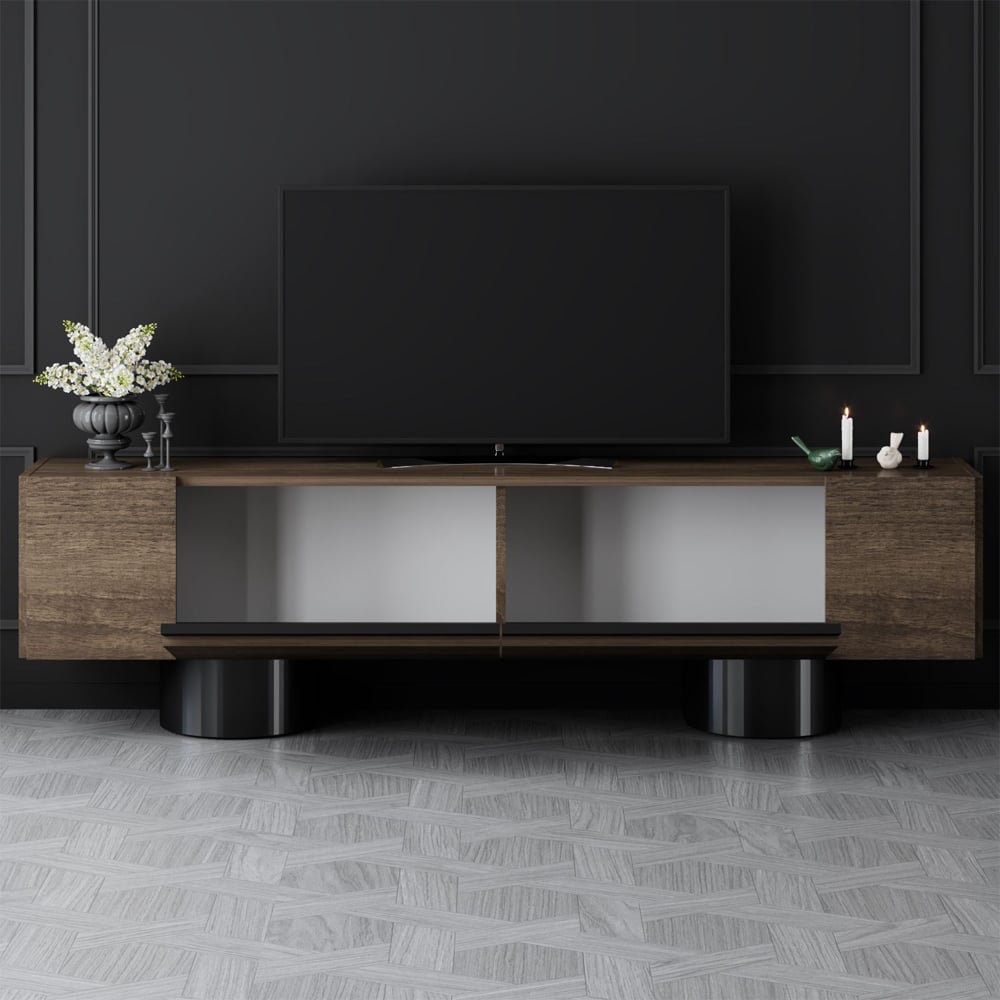 Boheme Wooden TV Stand With 2 Flap Doors In Walnut And Black