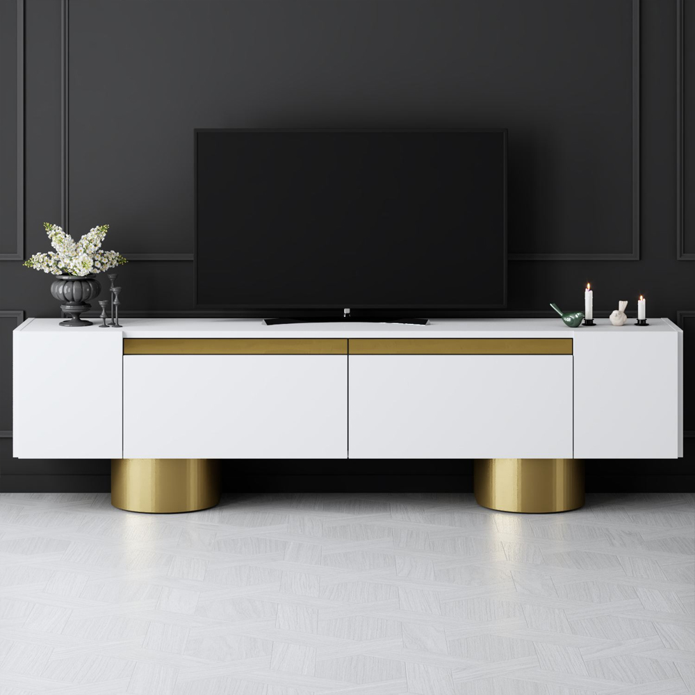 Boheme Wooden TV Stand With 2 Flap Doors In White And Gold