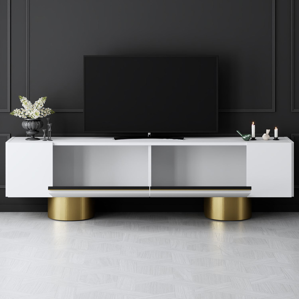 Boheme Wooden TV Stand With 2 Flap Doors In White And Gold