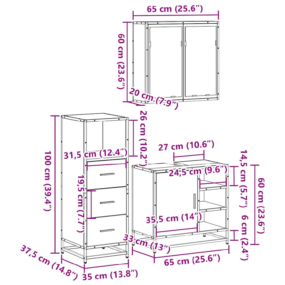 Bohemia Wooden 3 Piece Bathroom Furniture Set In Smoked Oak