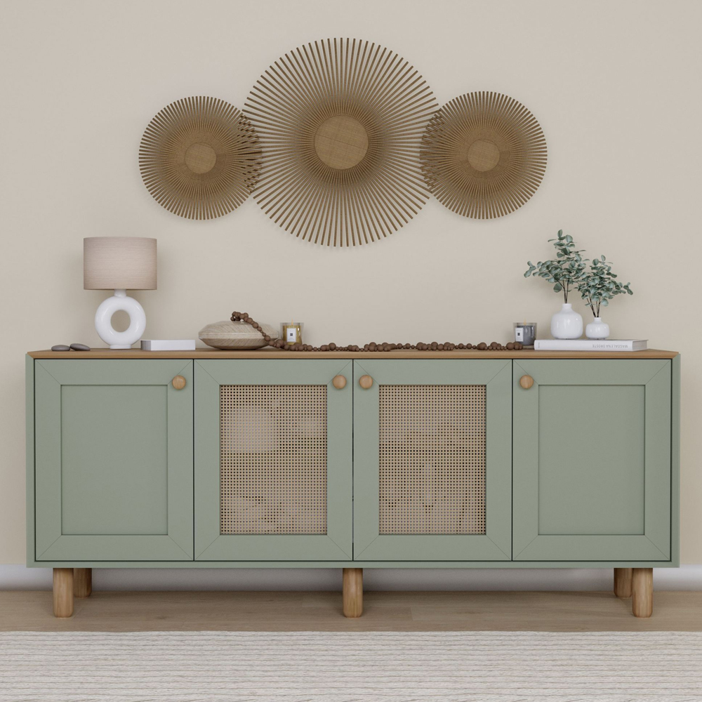 Boho Wooden Sideboard With 2 Rattan Cane Doors In Green And Oak