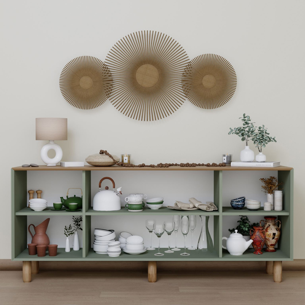 Boho Wooden Sideboard With 2 Rattan Cane Doors In Green And Oak