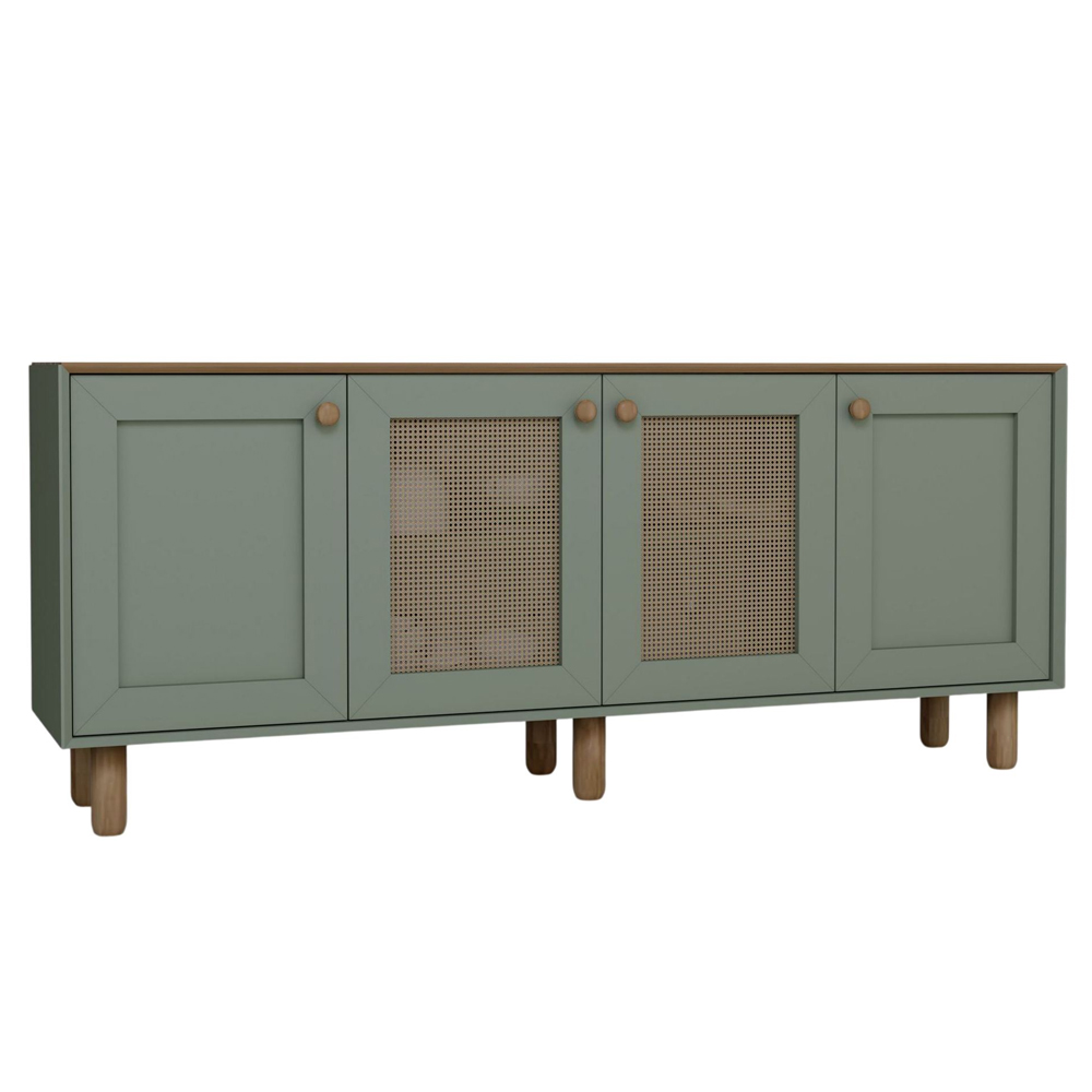 Boho Wooden Sideboard With 2 Rattan Cane Doors In Green And Oak