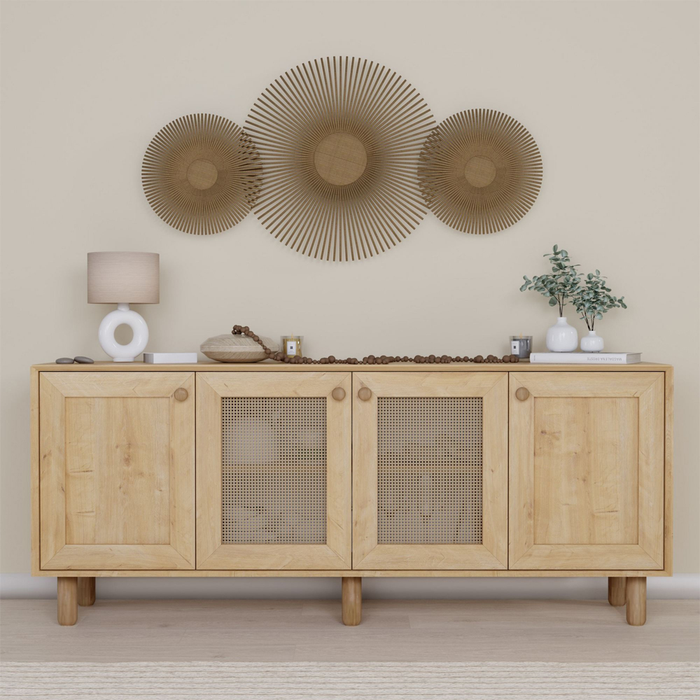 Boho Wooden Sideboard With 2 Rattan Cane Doors In Walnut