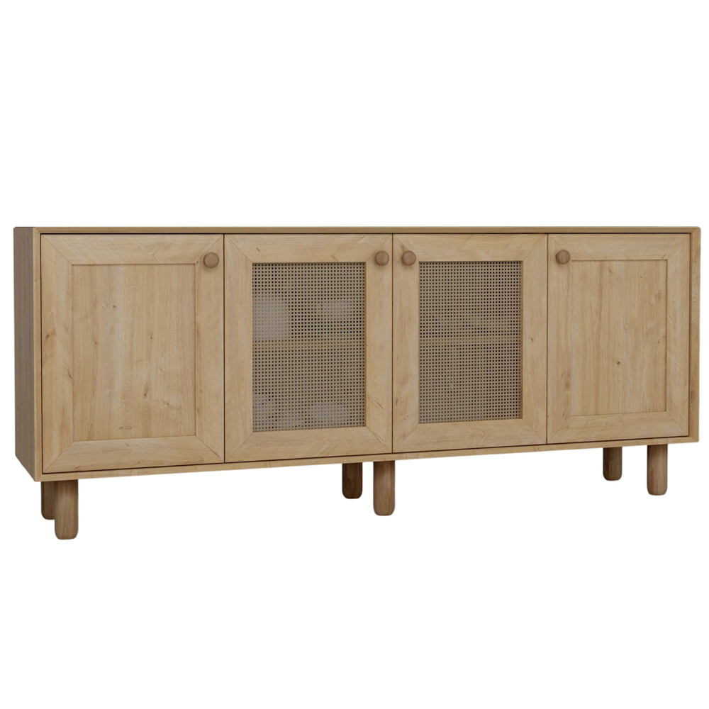 Boho Wooden Sideboard With 2 Rattan Cane Doors In Walnut