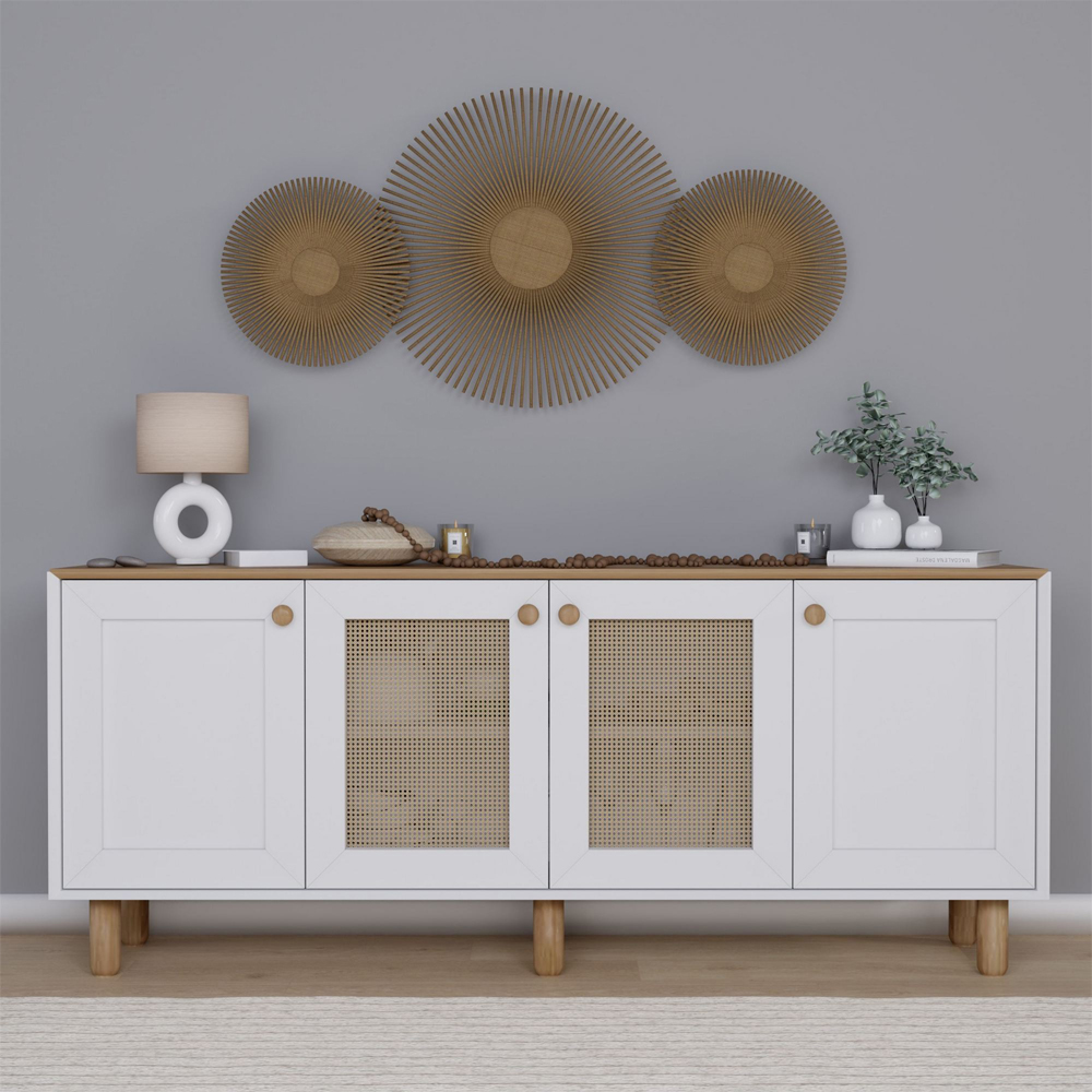 Boho Wooden Sideboard With 2 Rattan Cane Doors In White And Light Walnut