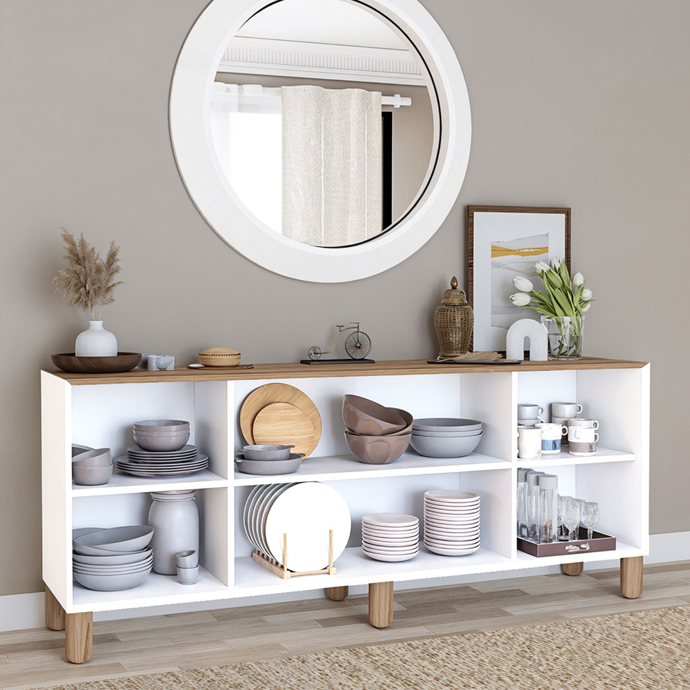 Boho Wooden Sideboard With 2 Rattan Cane Doors In White And Light Walnut