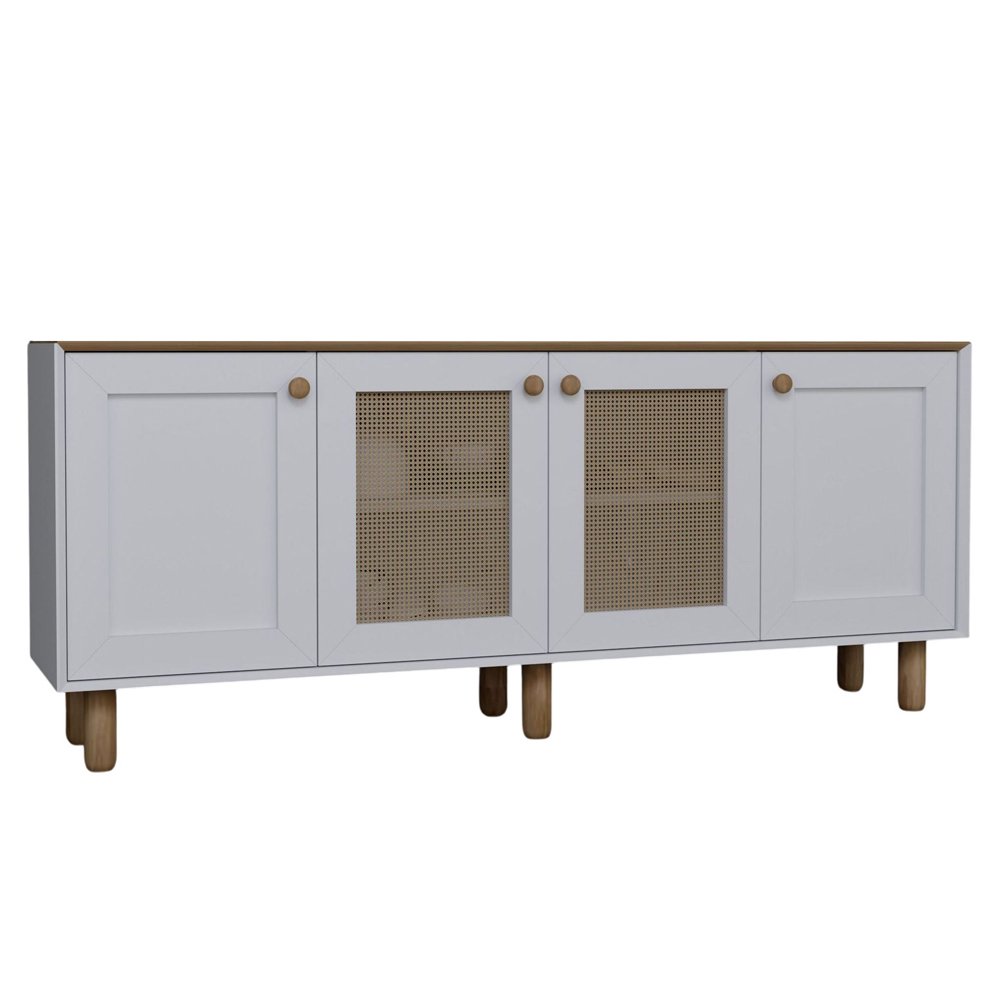 Boho Wooden Sideboard With 2 Rattan Cane Doors In White And Light Walnut