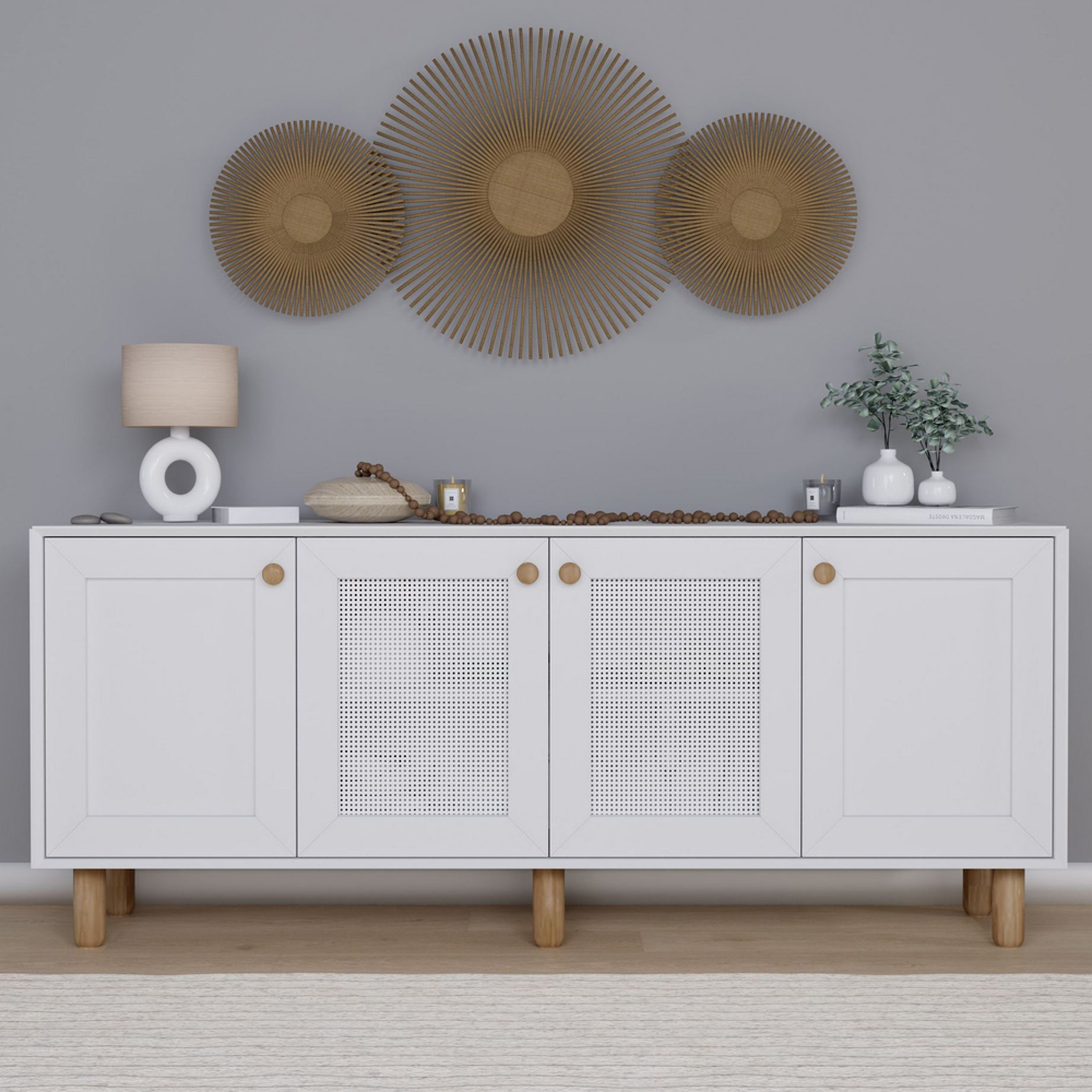 Boho Wooden Sideboard With 2 Rattan Cane Doors In White And Oak