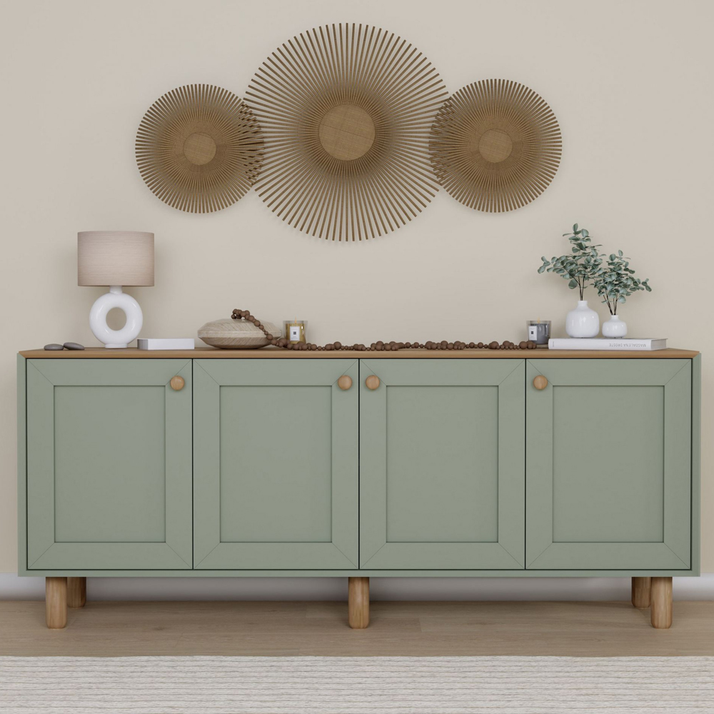 Boho Wooden Sideboard With 4 Doors In Green And Oak