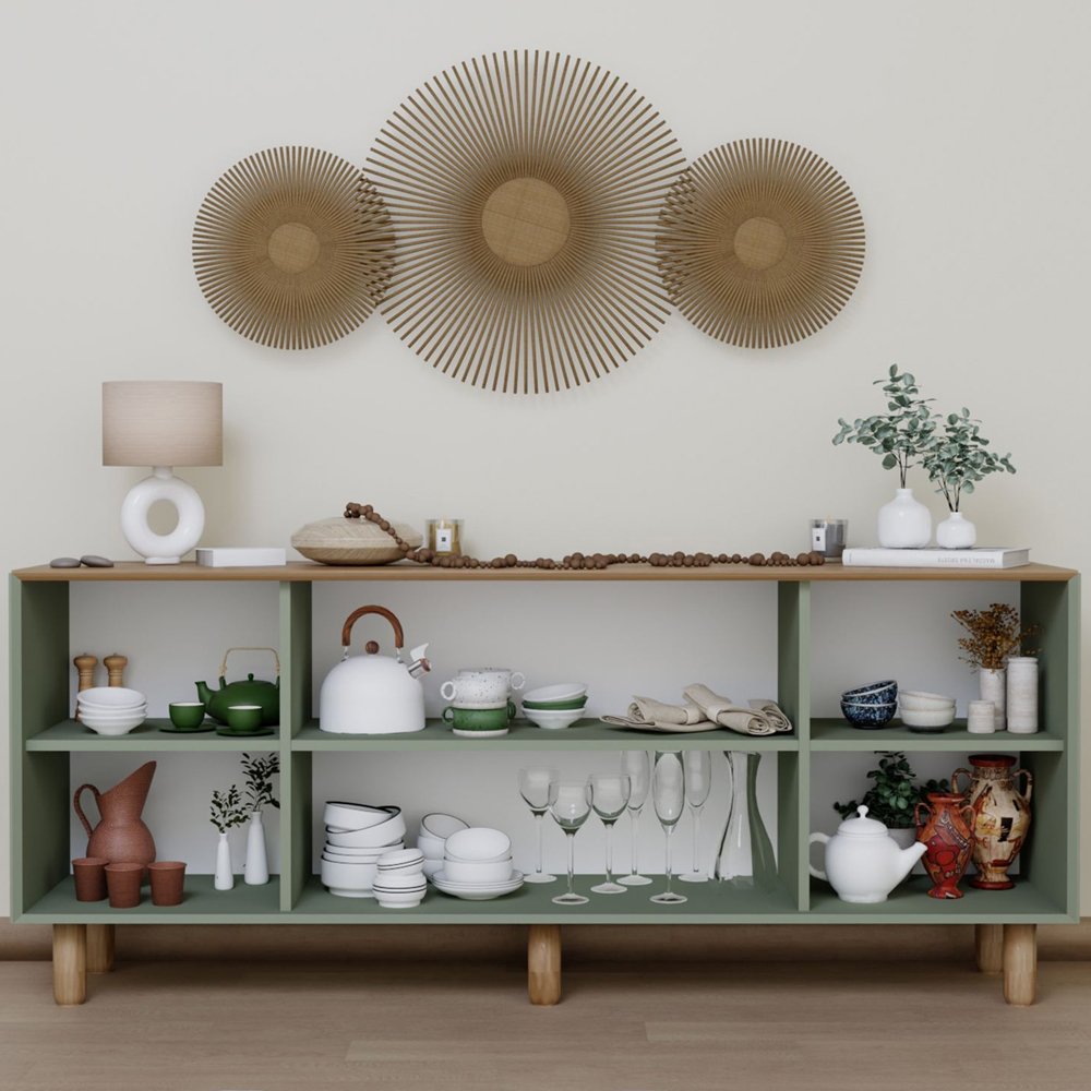 Boho Wooden Sideboard With 4 Doors In Green And Oak