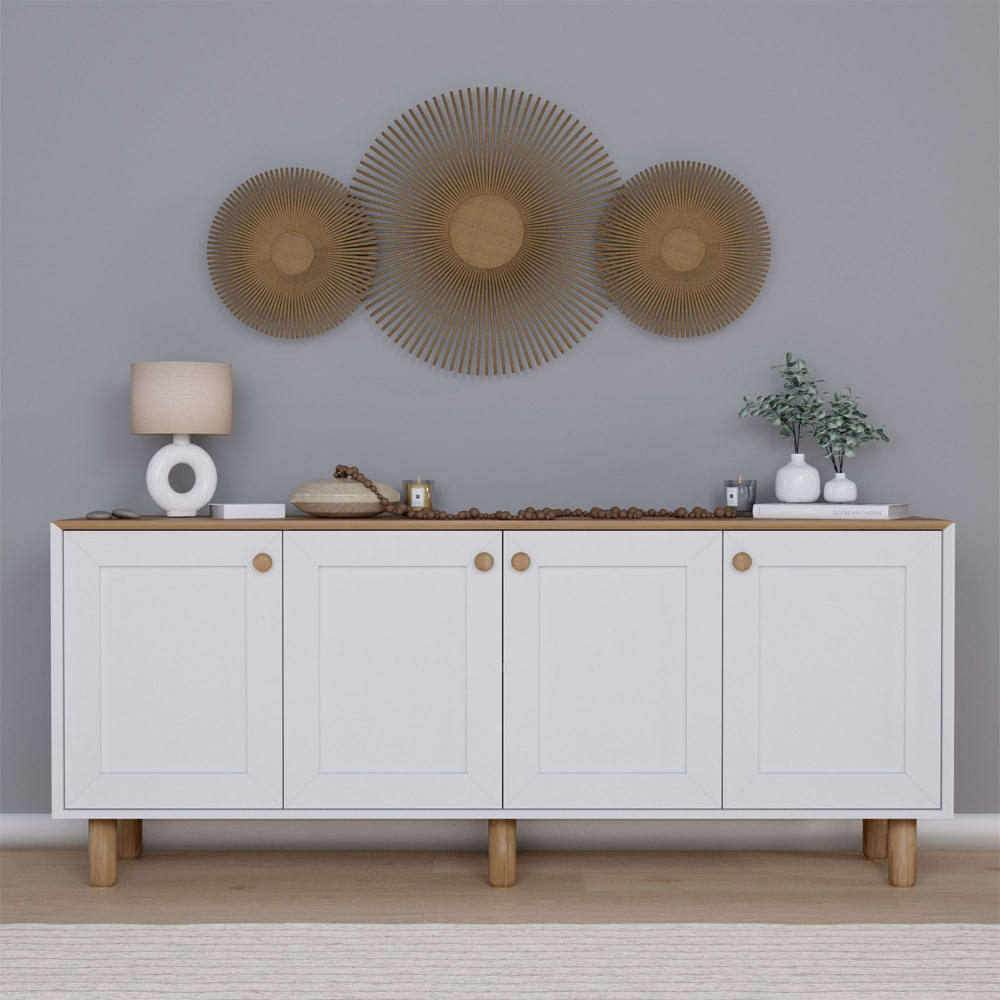 Boho Wooden Sideboard With 4 Doors In White And Light Walnut