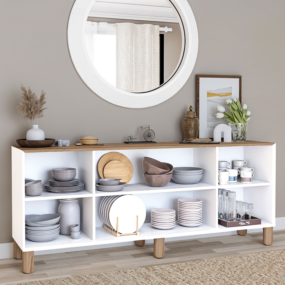 Boho Wooden Sideboard With 4 Doors In White And Light Walnut