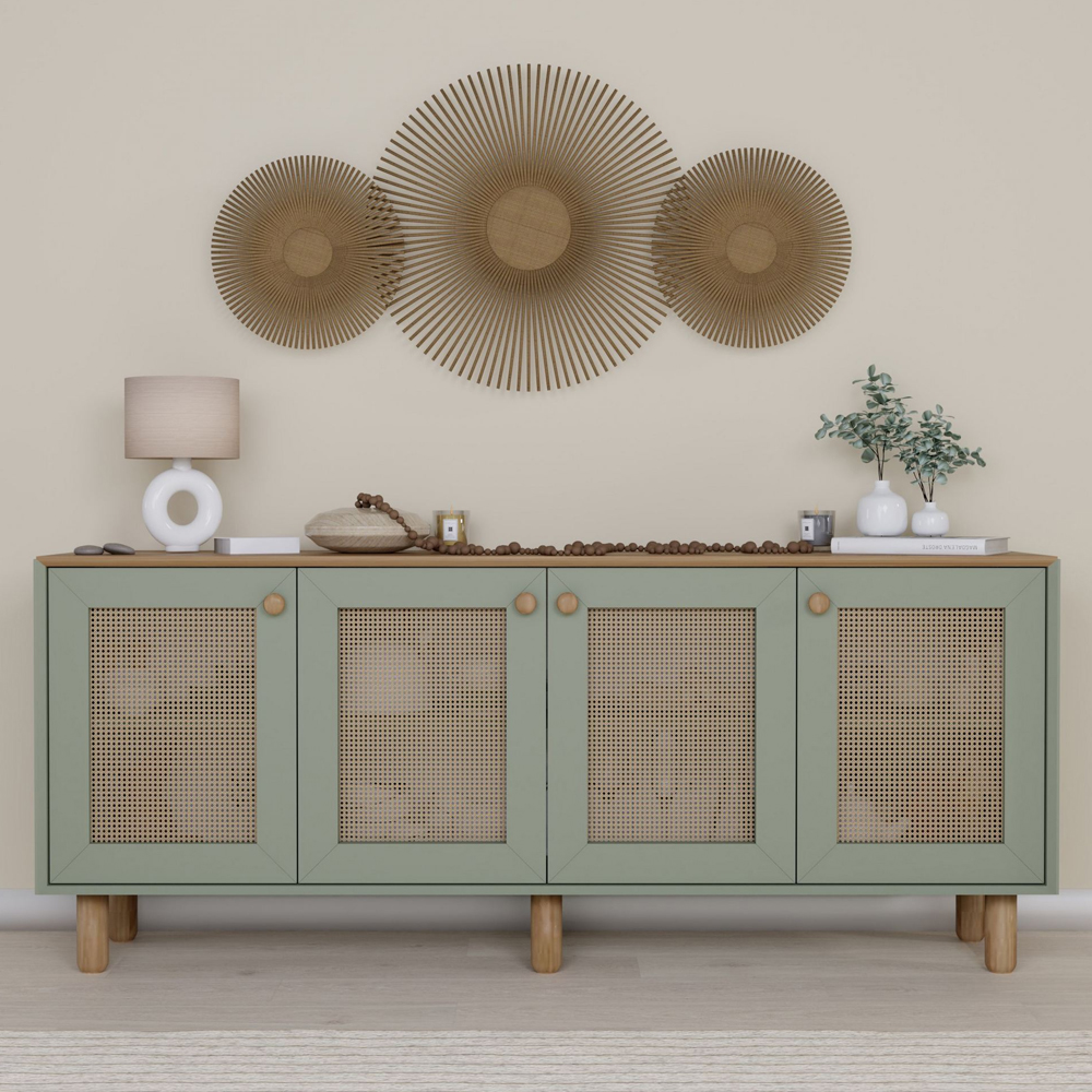 Boho Wooden Sideboard With 4 Rattan Cane Doors In Green And Oak