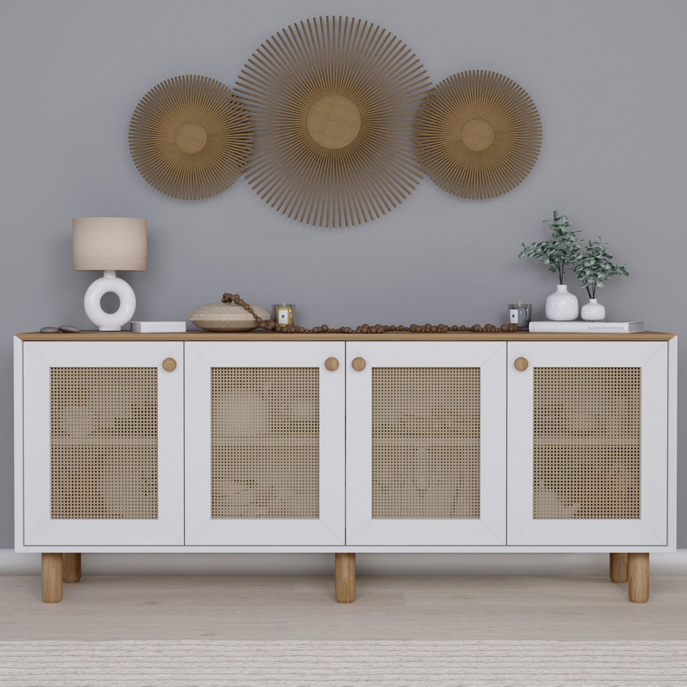 Boho Wooden Sideboard With 4 Rattan Cane Doors In White And Light Walnut