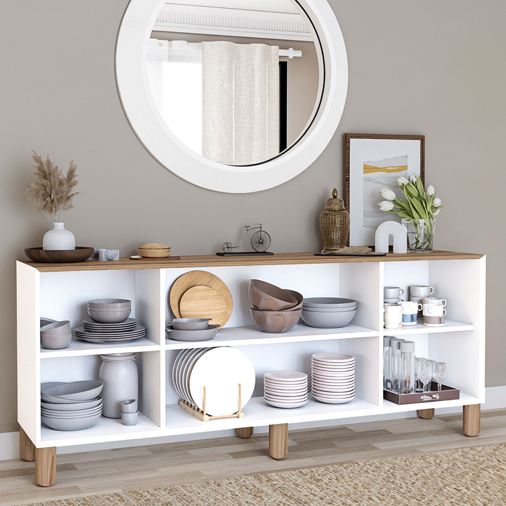 Boho Wooden Sideboard With 4 Rattan Cane Doors In White And Light Walnut