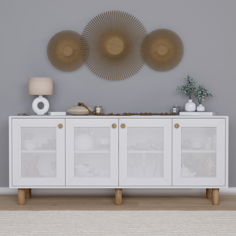 Boho Wooden Sideboard With 4 Rattan Cane Doors In White And Oak
