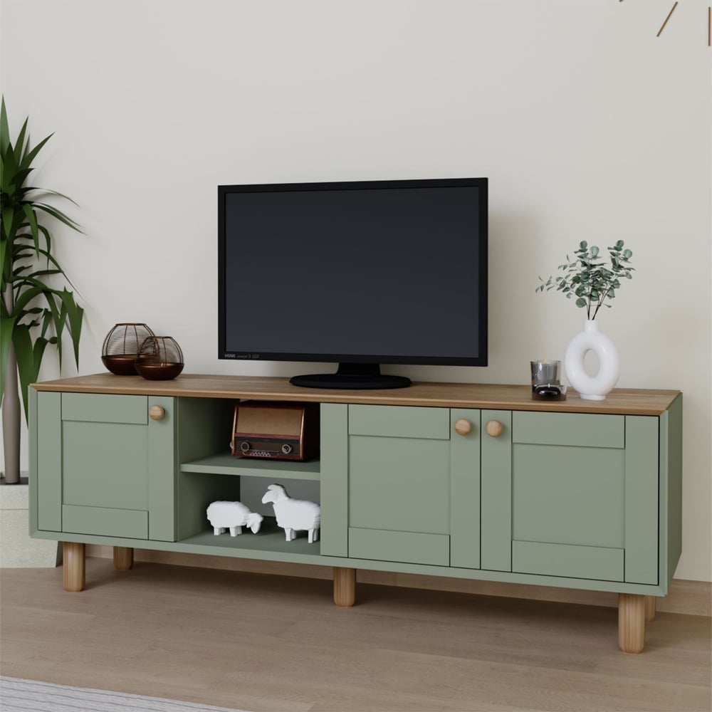 Boho Wooden TV Stand With 3 Doors In Green And Oak