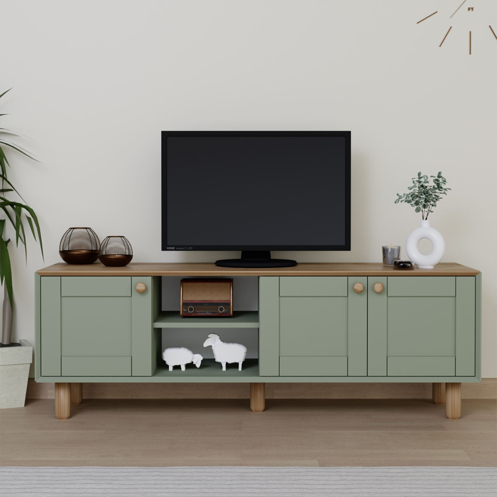 Boho Wooden TV Stand With 3 Doors In Green And Oak