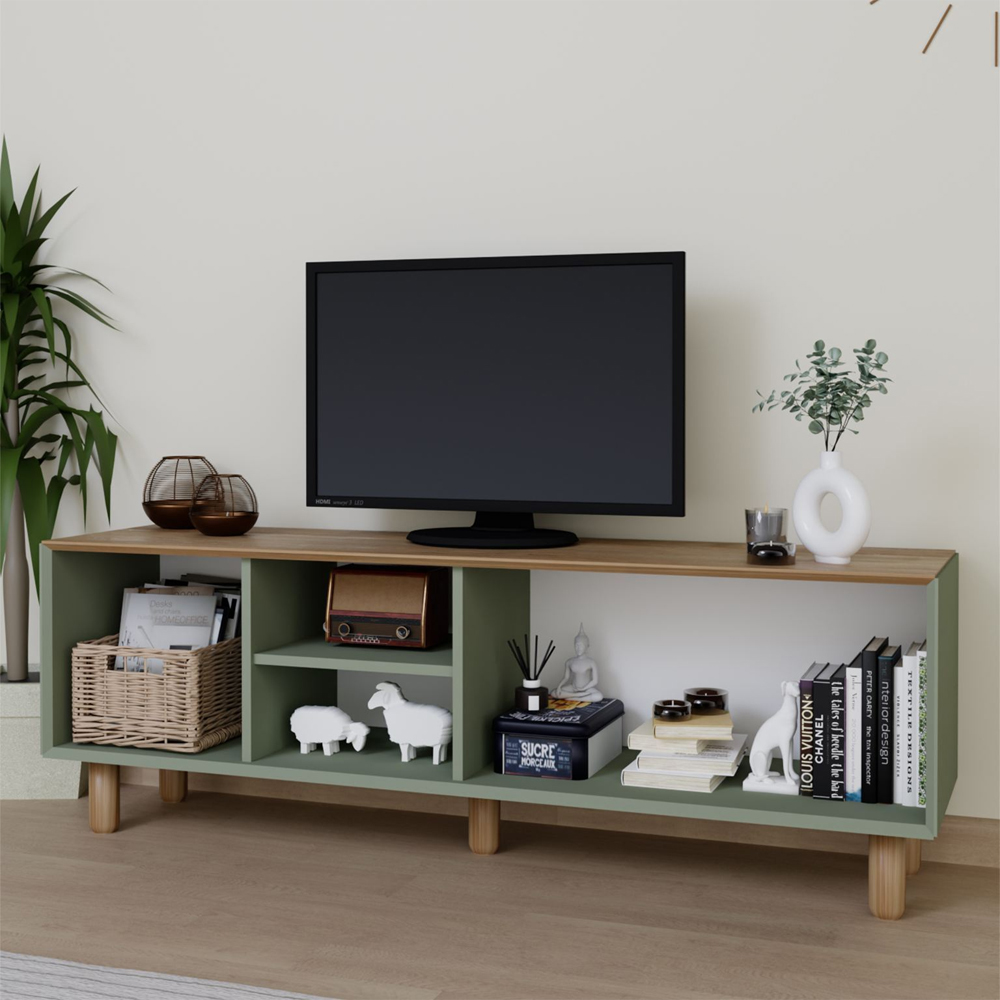 Boho Wooden TV Stand With 3 Doors In Green And Oak