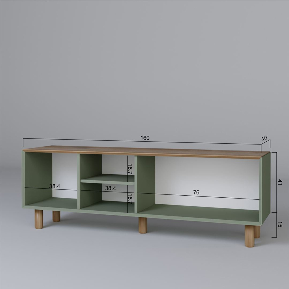 Boho Wooden TV Stand With 3 Doors In Green And Oak