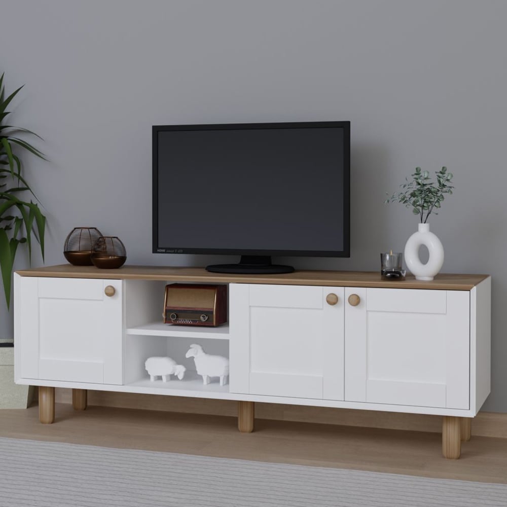 Boho Wooden TV Stand With 3 Doors In White And Garden Oak