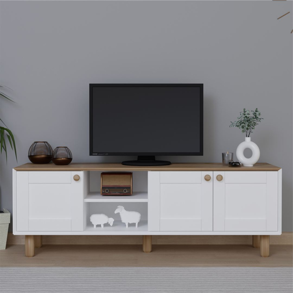 Boho Wooden TV Stand With 3 Doors In White And Garden Oak