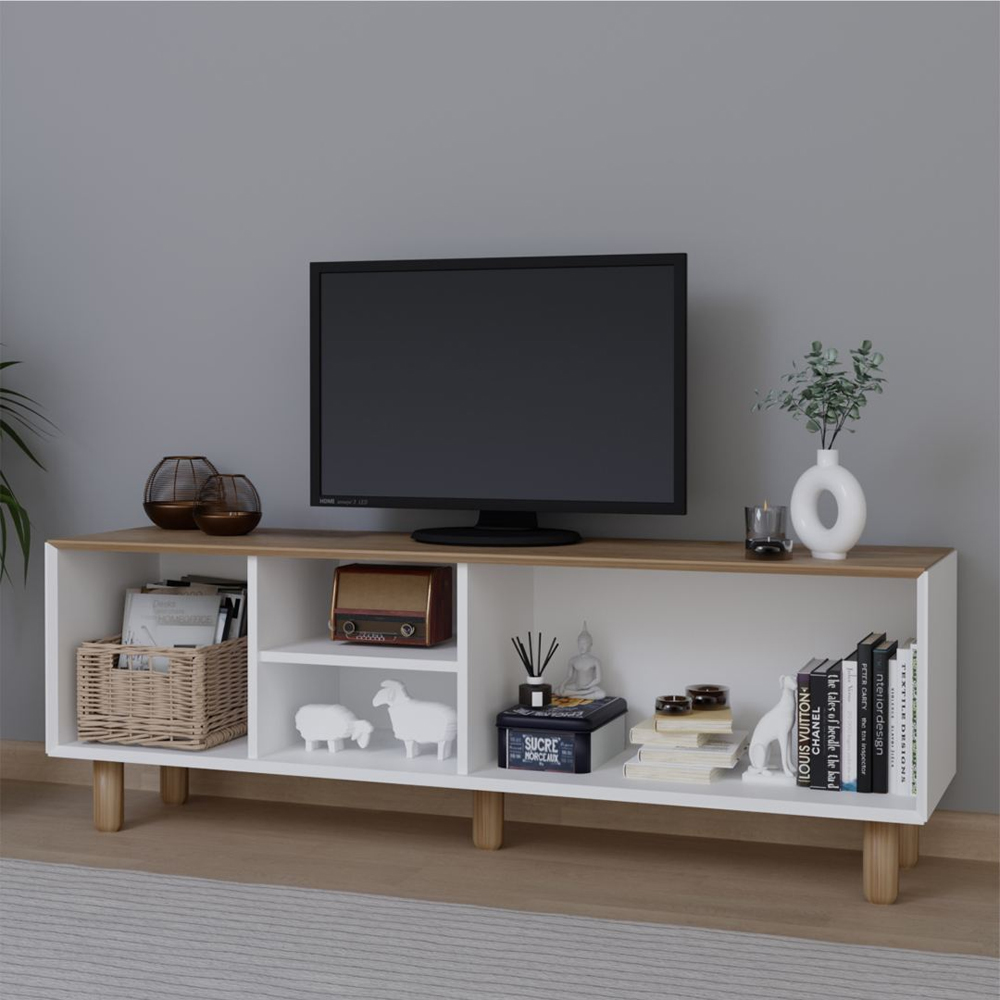 Boho Wooden TV Stand With 3 Doors In White And Garden Oak