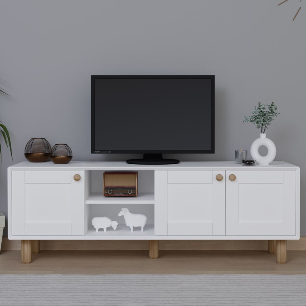Boho Wooden TV Stand With 3 Doors In White And Oak