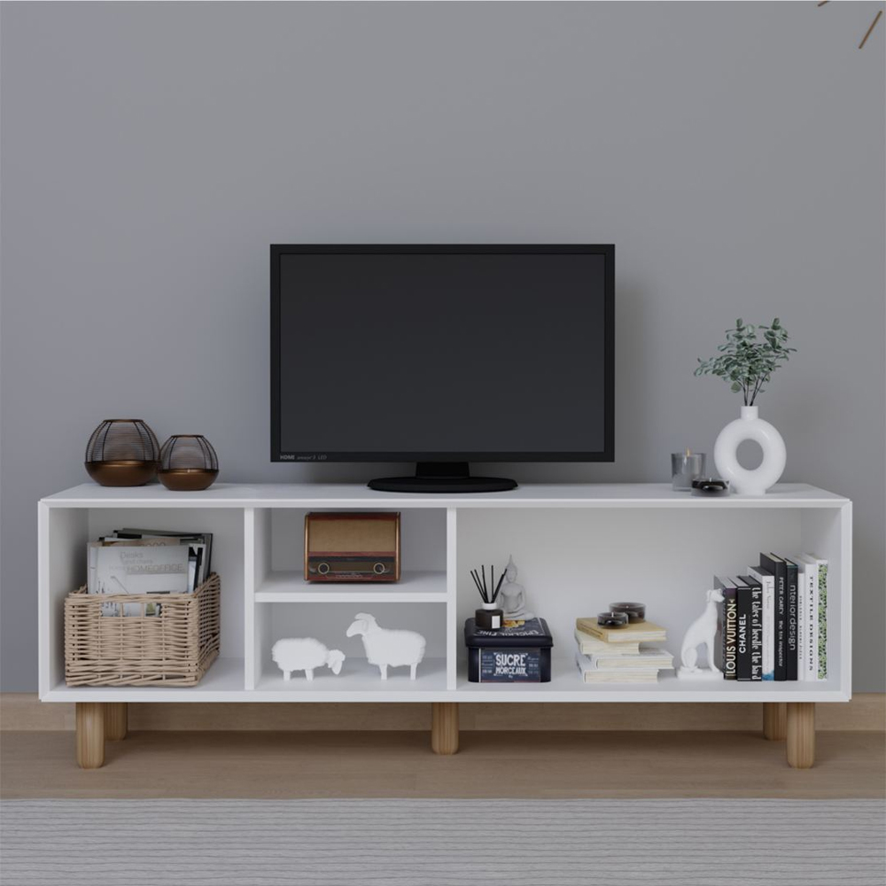 Boho Wooden TV Stand With 3 Doors In White And Oak