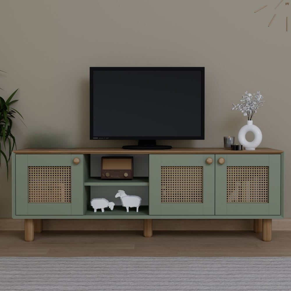 Boho Wooden TV Stand With 3 Rattan Cane Doors In Green And Oak