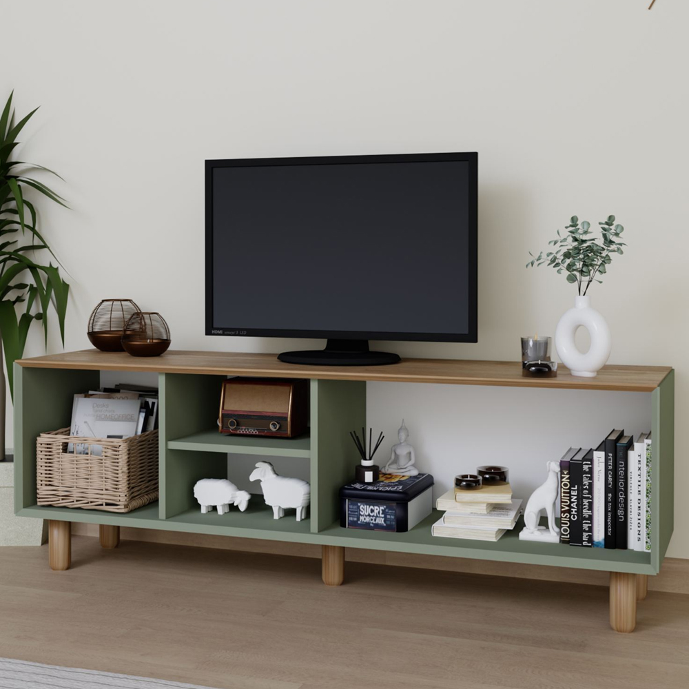 Boho Wooden TV Stand With 3 Rattan Cane Doors In Green And Oak