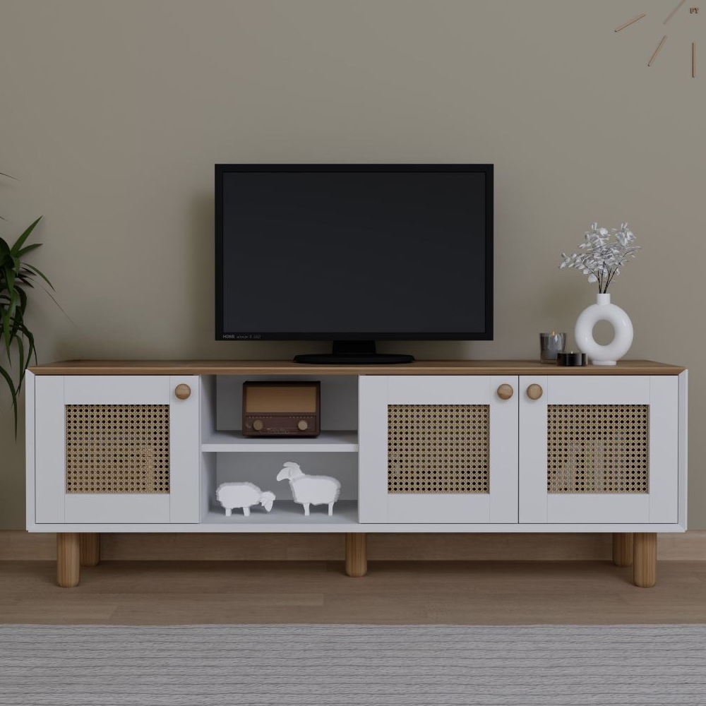 Boho Wooden TV Stand With 3 Rattan Cane Doors In White And Garden Oak