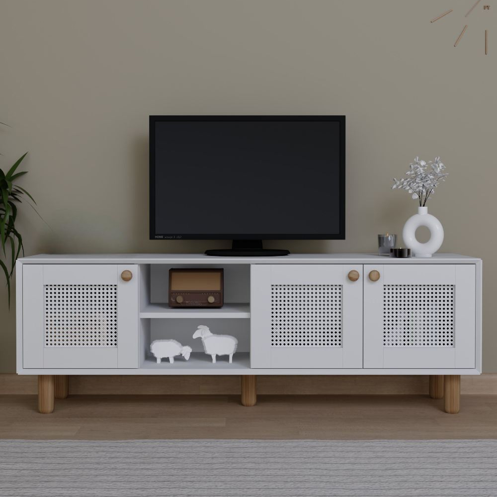 Boho Wooden TV Stand With 3 Rattan Cane Doors In White And Oak