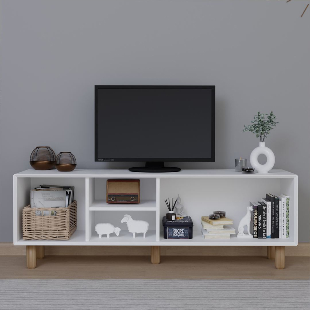 Boho Wooden TV Stand With 3 Rattan Cane Doors In White And Oak